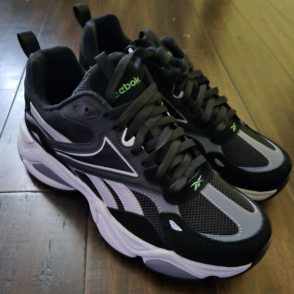 Reebok Black & Gray Athletic Sneakers with Green Logo